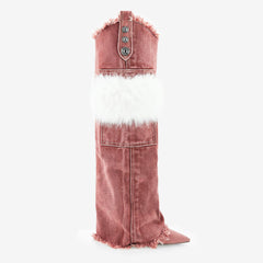 Tuhoomall Knee High Boots with Faux Fur and Metallic Buckles for Vintage Parties and Casual Outings