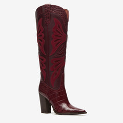 Tuhoomall Fashion Casual Knee-High Boots with Embroidery, Lizard Pattern Chunky Heel for Travel, Work, Party and Evening Wear