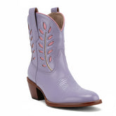 Tuhoomall Pointed Toe Chunky Heel Ankle Booties with Embroidered Inlay for Casual Fashion Tuhoomall