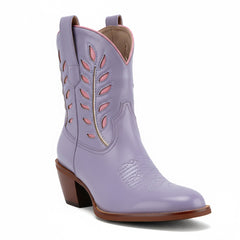 Tuhoomall Pointed Toe Chunky Heel Ankle Booties with Embroidered Inlay for Casual Fashion