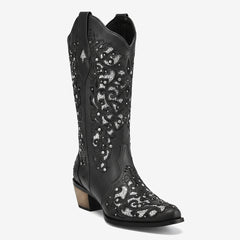 Tuhoomall Cowboy Boots for Women Western Square Toe Mid Calf White Cowgirl Boots Rhinestone Chunky Wedding