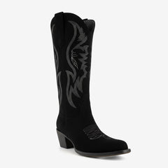 Tuhoomall Western Embroidered Pointed Toe Chunky Heel Slip-On Mid Calf Boots for Women, Retro Casual Style, Perfect for Weddings and Everyday Wear