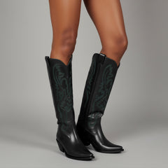 Tuhoomall Western Style Floral Embroidery Knee High Boots for Work - 5.6 cm Chunky Heel, Rubber Sole, Slip-On Design, Classic Fashion وترتیب