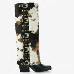 Tuhoomall Knee-High Western Boots for Parties and Special Occasions with Colorful Buckles and Jewel Hardware, Chunky Heel, Stylish Design Tuhoomall
