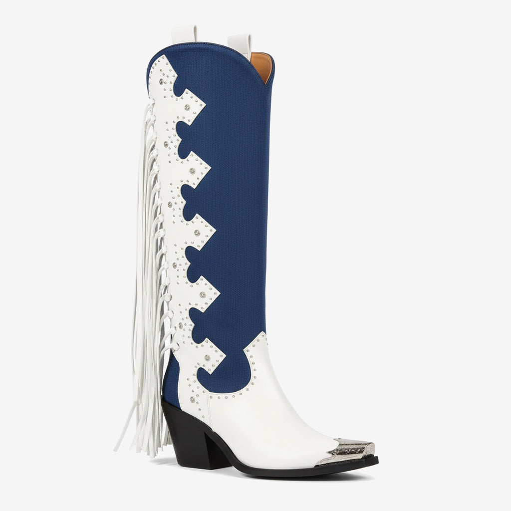 Tuhoomall Western Knee-High Boots for Women, Snip Toe, Fringe Accents, 7.5cm Chunky Heel - Perfect for Casual and Special Occasions Tuhoomall