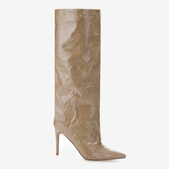 Tuhoomall Knee High Fashion Boots For Parties And Performances With 9.5cm Stiletto Heels And Crinkled PU Leather