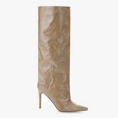 Tuhoomall Knee High Fashion Boots For Parties And Performances With 9.5cm Stiletto Heels And Crinkled PU Leather Tuhoomall