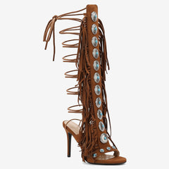 Tuhoomall High Heel Open Toe Booties with Fringe and Stone Detail for Party and Fashion Runway Events