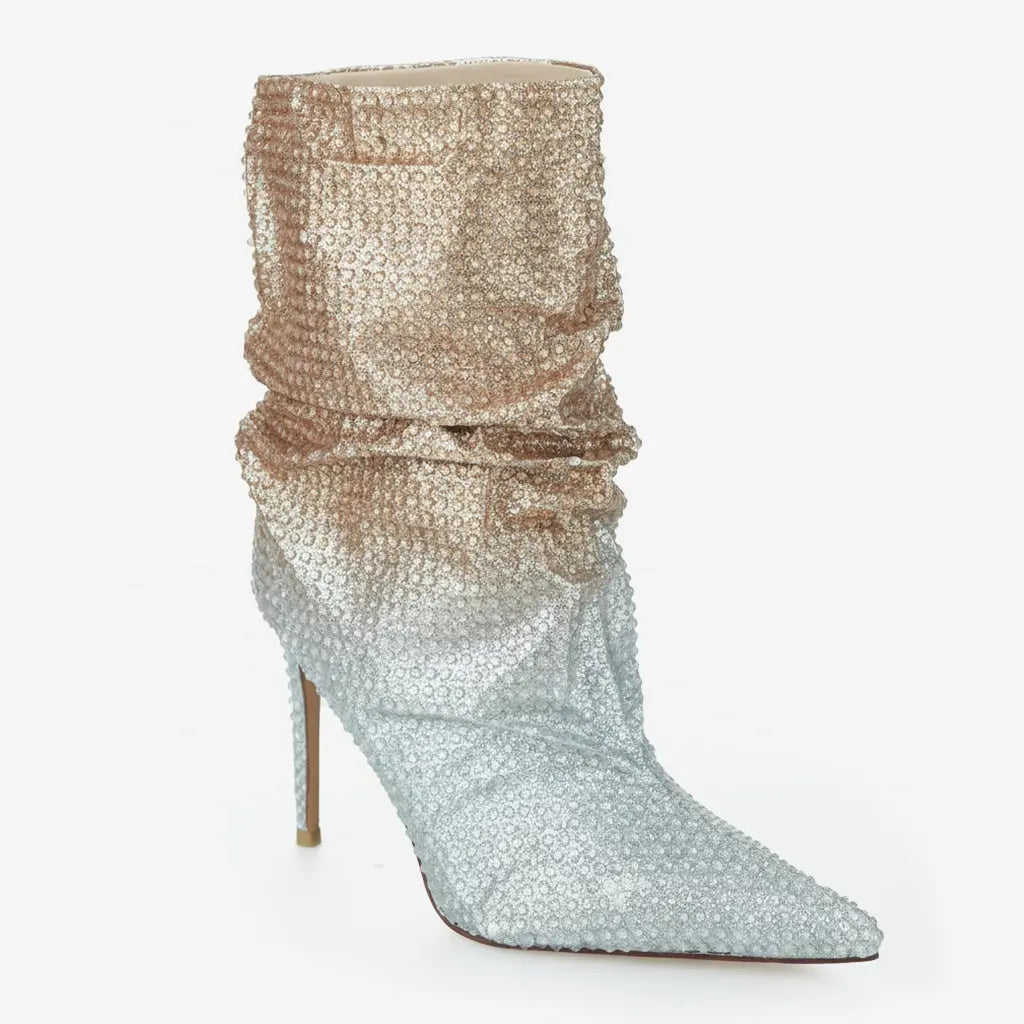 Tuhoomall Fashionable Women's Short Boots with Pointed Toe and Shiny Rhinestones for Parties and Performances - High Heels Design, Trendy Look Tuhoomall