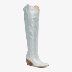 Tuhoomall Western Over-Knee Cowboy Boots With Chunky Heel, Rhinestone-Studded Vegan Leather, Casual All-Season Style, Round Toe, Zipper Closure Tuhoomall