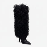Tuhoomall Knee High Chunky Heeled Boots, Animal Cruelty Free, Elegant Party and Runway Style, Solid Faux Fur Design