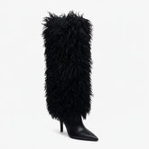 Tuhoomall Knee High Chunky Heeled Boots, Animal Cruelty Free, Elegant Party and Runway Style, Solid Faux Fur Design Tuhoomall