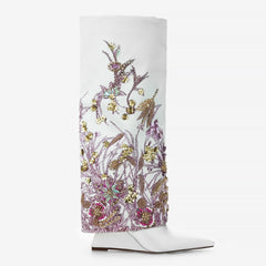 Tuhoomall Knee High Floral Print Heeled Boots with Sparkling Beads for Fashionable Parties and Casual Outings