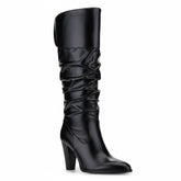 Tuhoomall Fashion Knee-High Boots for Women, Stylish Ruffled Design, 9cm Chunky Heel, Ideal for Casual Work and All Seasons