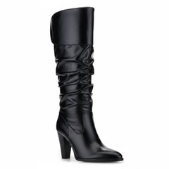 Tuhoomall Fashion Knee-High Boots for Women, Stylish Ruffled Design, 9cm Chunky Heel, Ideal for Casual Work and All Seasons Tuhoomall