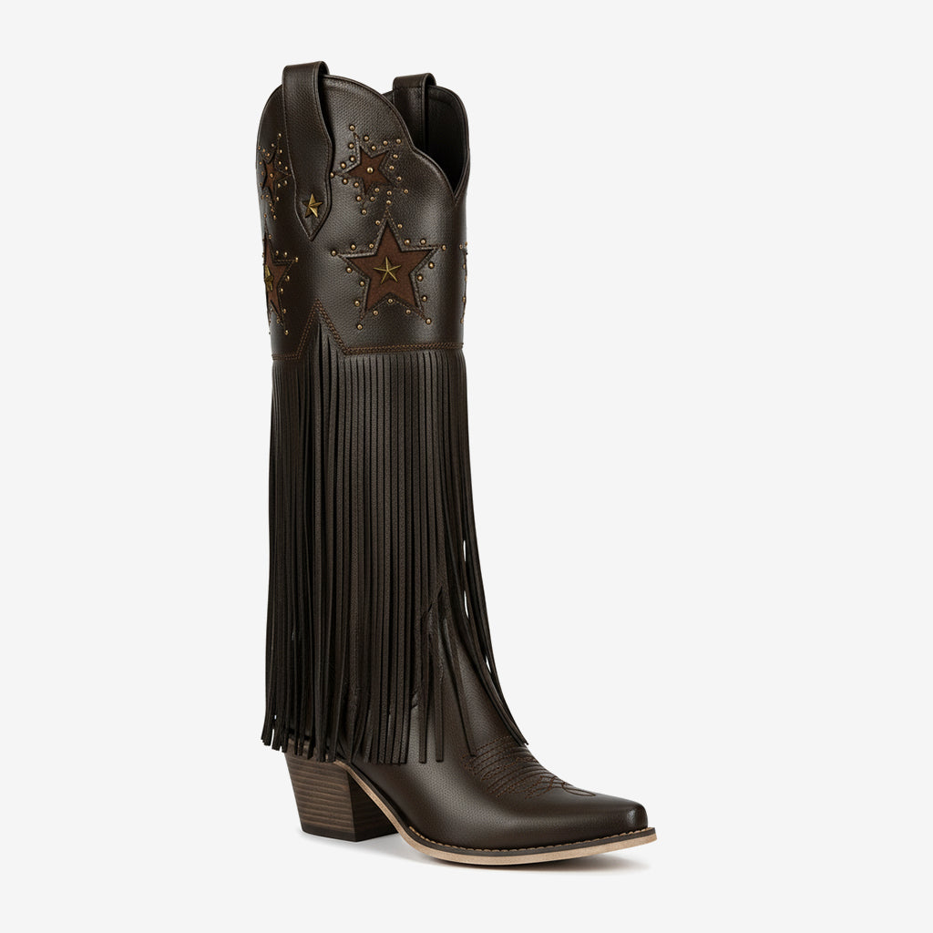 Tuhoomall Comfortable Western Knee-High Boots with Fringe and Studs for Fashion, Party, and Performance - 7.5cm Chunky Heel, All-Season Wear Tuhoomall
