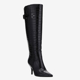 Tuhoomall Knee-High Stylish Party Boots for Women with Pointed Toe, Adjustable Buckle, Stone Pattern, 8cm Mid-Heel, Comfortable Rubber Sole
