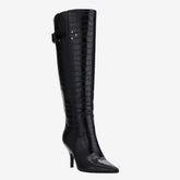 Tuhoomall Knee-High Stylish Party Boots for Women with Pointed Toe, Adjustable Buckle, Stone Pattern, 8cm Mid-Heel, Comfortable Rubber Sole Tuhoomall