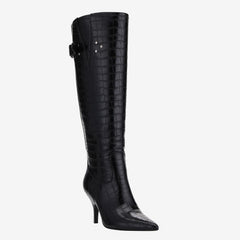Tuhoomall Knee-High Stylish Party Boots for Women with Pointed Toe, Adjustable Buckle, Stone Pattern, 8cm Mid-Heel, Comfortable Rubber Sole