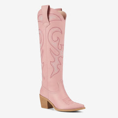Tuhoomall Western Style Knee High Boots With Rhinestones & Embroidery, Trendy Chunky Heels For Casual Office Wear, All Season Comfort