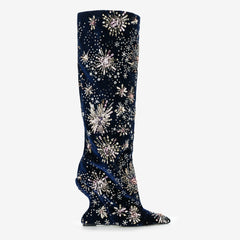 Tuhoomall Over The Knee Floral Embellished Chunky Heeled Boots For Parties And Fashionable Events