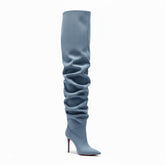 Tuhoomall Blue Denim Slouchy Pointy Thigh High Stiletto Heel Over Knee Boots For Women