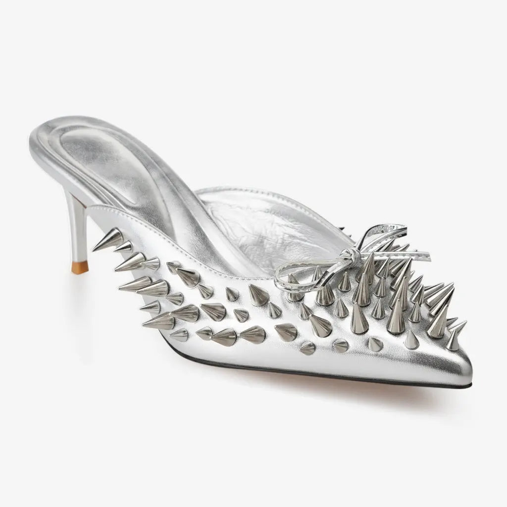 Tuhoomall Comfortable Mid Heel Open Back Sandals with Glitter Bow for Parties, Elegant Cat Heel, Slip-On Design, Versatile Summer Footwear Tuhoomall