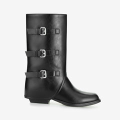 Tuhoomall Foldable Mid-Calf Chunky Heel, Stylish Adjustable Metallic Buckle, Perfect For Casual And Formal Occasions