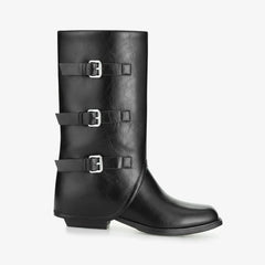 Tuhoomall Foldable Mid-Calf Chunky Heel, Stylish Adjustable Metallic Buckle, Perfect For Casual And Formal Occasions Tuhoomall