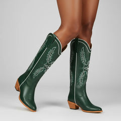 Tuhoomall Dark Green Embroidered Western Knee High Boots for Wide Calf with Chunky Heel Tuhoomall