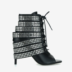 Tuhoomall Western Style Sparkling Ankle Boots with Peep Toe for Parties and Performances, High Heels, Studded Design, All-Season Fashion