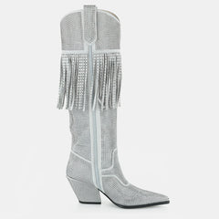 Tuhoomall Knee High Suede Boots For Women With Chunky Heel, Pointed Toe, Tassel And Rhinestones, Perfect For Fashion, Casual And Outdoor Wear