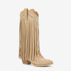 Tuhoomall Western Style Mid-Calf Boots with Fringe and Stone Embellishments, Comfortable Block Heels for Parties and Casual Outings Tuhoomall