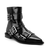 Tuhoomall Ankle Boots For Women, Casual Short Boots, Pointed Toe Chunky Heel, Zipper Closure With Hardware Buckle, PU Patent Leather, Rubber Sole, Ideal For Spring, Autumn, Winter