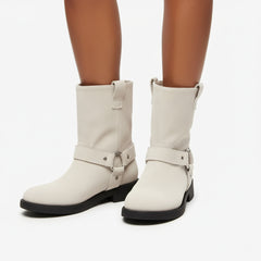 Tuhoomall Western Cowboy Ankle Boots for Women, Vintage Chunky Heel Booties, Easy Slip-On Design, All-Weather Comfort with Metal Buckle Detail