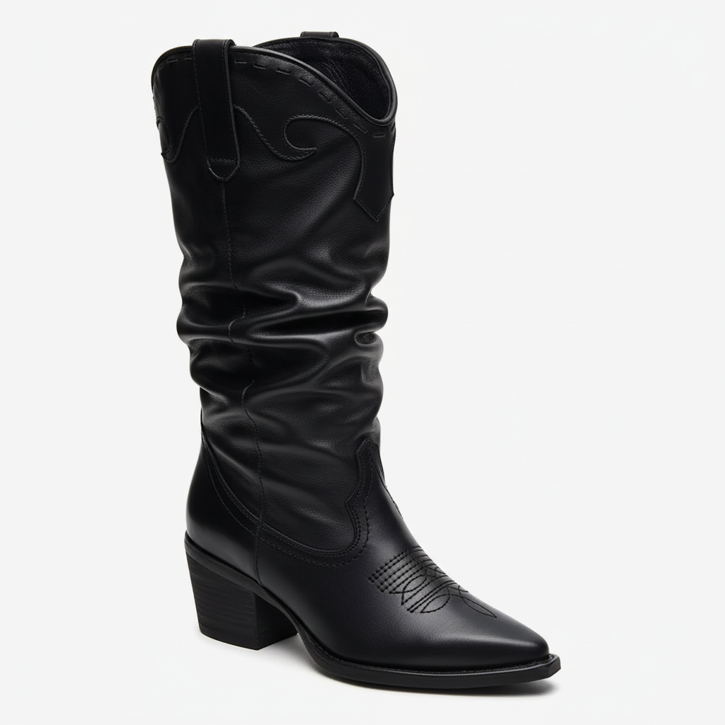 Tuhoomall Western Cowboy Boots For Women, Stylish Wrinkled Mid-Calf Design, Comfortable Slip-On Style, Embroidered Detailing Tuhoomall