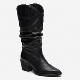 Tuhoomall Western Cowboy Boots For Women, Stylish Wrinkled Mid-Calf Design, Comfortable Slip-On Style, Embroidered Detailing