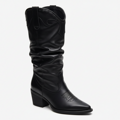 Tuhoomall Western Cowboy Boots For Women, Stylish Wrinkled Mid-Calf Design, Comfortable Slip-On Style, Embroidered Detailing