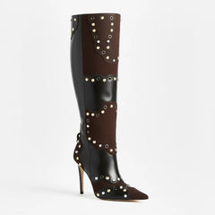 Tuhoomall Stylish Knee-High Party Boots for Women, Comfortable Pointed Toe, Chunky Heel, Zipper Closure, Studded & Metallic Accent Design Tuhoomall
