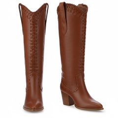 Tuhoomall Western Knee-High Boots for Women, 7cm Chunky Heels, Slip-On Style, Durable Woven Leather, Perfect for Work and Casual Occasions