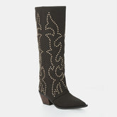 Tuhoomall Western Style Floral Embellished Women's Mid-Calf Boots with Chunky Heel for Fashionable Outdoor Casual Wear