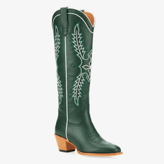 Tuhoomall Dark Green Embroidered Western Knee High Boots for Wide Calf with Chunky Heel Tuhoomall
