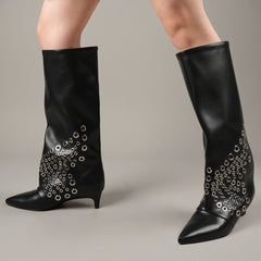 Tuhoomall Knee High Kitten Heel Boots For Women - Stylish PU Leather, Pointed Toe, Low Heel - Perfect For Dance And Casual Wear All Year Round