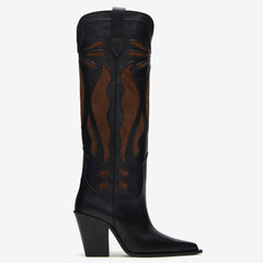 Tuhoomall Western Style Knee-High Floral Embellished Cowboys Boots for Women, Casual Use, Sharp Toe, Chunky Heel, All-Season Comfort Tuhoomall