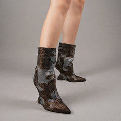 Tuhoomall Wedges Ankle Boots for Parties and Performances with Shimmering Rhinestones and Irregular High Heels