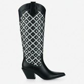 Tuhoomall Western Cowboy Knee High Boots for Fashion, Outdoor, and Casual Wear, Featuring Chic Geometric Patterns and Chunky Heel Design