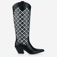 Tuhoomall Western Cowboy Knee High Boots for Fashion, Outdoor, and Casual Wear, Featuring Chic Geometric Patterns and Chunky Heel Design