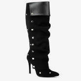 Tuhoomall Comfortable Knee-High Fashion Heels for Women - Chic Pointed Toe Ruched Boots with Rubber Sole