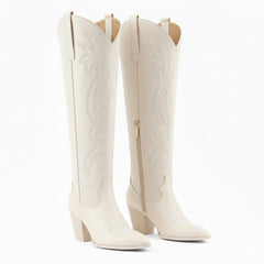 Tuhoomall Western Floral Embroidered Knee-High Boots for Women - Comfortable Slip-On Design with Chunky Heel for Parties and Daily Wear