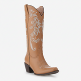 Tuhoomall Western Style Embroidered Mid-Calf Boots for All Seasons, Slip-On Low Chunky Heels with PU Material and Sniper Toe Design